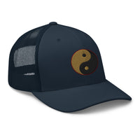 Navy/ White trucker hat featuring Yin Yang Gold Chinese Symbol embroidered artwork, product image 4