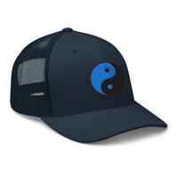 Navy/ White trucker hat featuring Yin Yang Blue Chinese Symbol embroidered artwork, product image 4