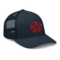 Navy/ White trucker hat featuring Red Witchcraft Woven Pentacle Pagan embroidered artwork, product image 4