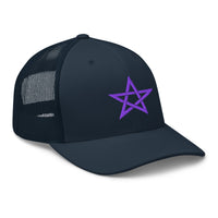 Navy/ White trucker hat featuring Purple Wiccan Woven Pentagram Symbol embroidered artwork, product image 4
