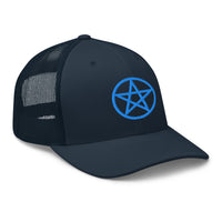 Navy/ White trucker hat featuring Blue Wiccan Witchcraft Pentagram embroidered artwork, product image 4