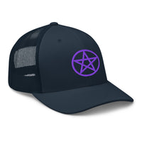 Navy/ White trucker hat featuring Purple Wiccan Witchcraft Pentagram embroidered artwork, product image 4