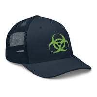 Navy/ White trucker hat featuring Green Bio Hazard Symbol Warning Sign embroidered artwork, product image 4