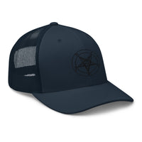 Charcoal/ Black trucker hat featuring Black Sigil of Baphomet Satanic Symbol embroidered artwork, product image 5