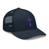 Navy/ White trucker hat featuring Purple Gothic Medeival Cross embroidered artwork, product image 4