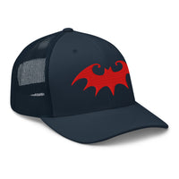 Navy/ White trucker hat featuring Whimsical Halloween Vampire Bat embroidered artwork, product image 4