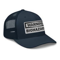 Navy/ White trucker hat featuring White Warning Sign Bio Hazard embroidered artwork, product image 4