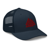 Navy/ White trucker hat featuring Red Viking The valknut Triangles of Power embroidered artwork, product image 4
