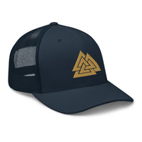 Navy/ White trucker hat featuring Old Gold Viking The valknut Triangles of Power embroidered artwork, product image 4