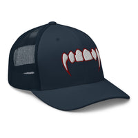 Navy/ White trucker hat featuring Bloody Dracula Vampire Fangs embroidered artwork, product image 4
