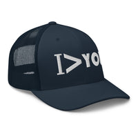 Pink trucker hat featuring I Am Greater Than You embroidered artwork, product image 5