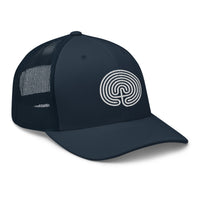 Pink trucker hat featuring Ancient Labyrinth Maze Symbol embroidered artwork, product image 5