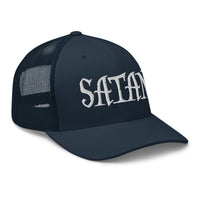 Charcoal/ Black trucker hat featuring White Satan Pure Evil embroidered artwork, product image 5