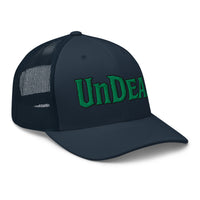 Heather/ Black trucker hat featuring Undead Zombie embroidered artwork, product image 6