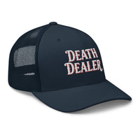 Pink trucker hat featuring Death Dealer embroidered artwork, product image 5