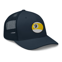 Pink trucker hat featuring Nine Ball Stripe Billiards embroidered artwork, product image 5