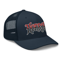 Pink trucker hat featuring HORROR embroidered artwork, product image 5