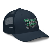 Pink trucker hat featuring Freak Show Horror Carnival embroidered artwork, product image 5