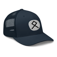 Pink trucker hat featuring Othala Rune embroidered artwork, product image 5