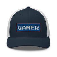 Brown/ Khaki trucker hat featuring 80's Retro Style 8 Bit Gamer embroidered artwork, product image 7