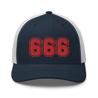 Pink trucker hat featuring Red 666 Number of the Beast Embroidered Retro embroidered artwork, product image 9