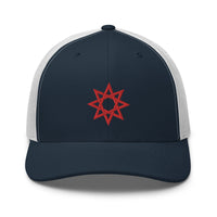 Pink trucker hat featuring Red 8 Point Star Octagram Anu God Embroidered Retro embroidered artwork, product image 9