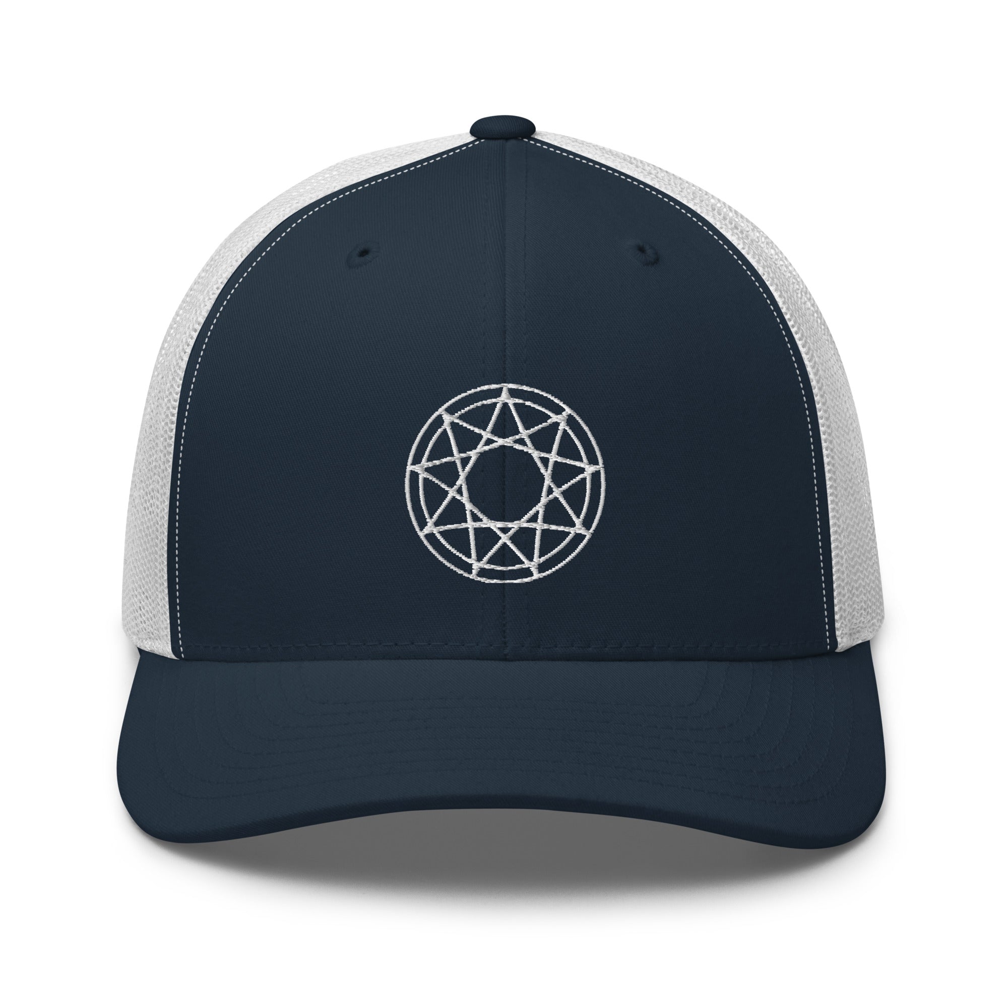 White 9 Point Star Pentagram Occult Symbol Embroidered Retro Trucker Cap Snapback Hat