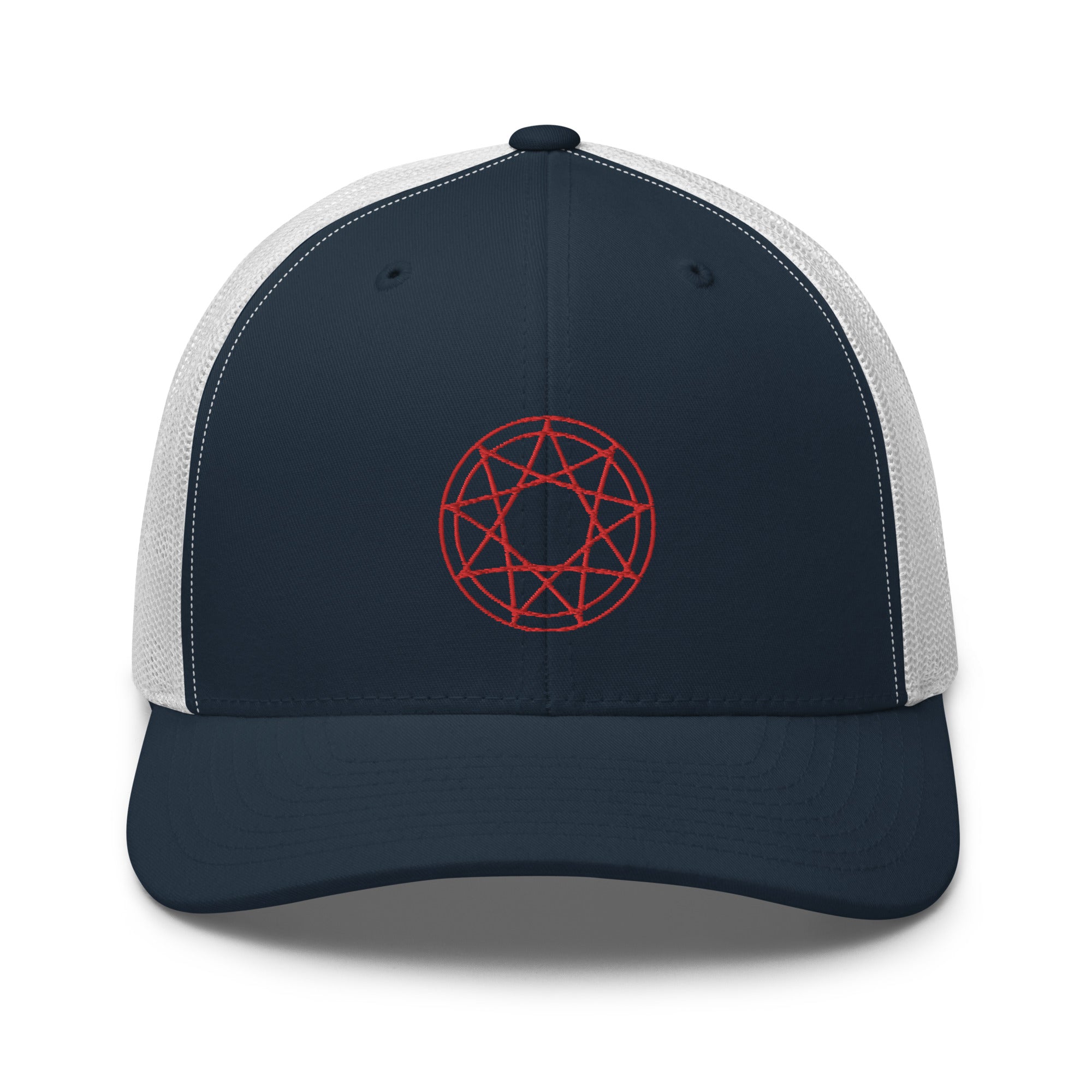 Red 9 Point Star Pentagram Occult Symbol Embroidered Retro Trucker Cap Snapback Hat