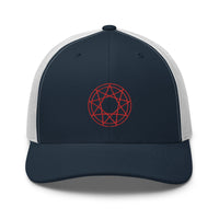 Pink trucker hat featuring Red 9 Point Star Pentagram Occult Symbol Embroidered Retro embroidered artwork, product image 7