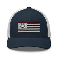 Pink trucker hat featuring American Satanist Pentagram U.S. Flag embroidered artwork, product image 7