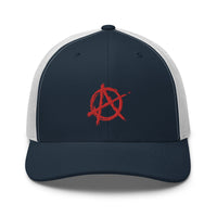 Pink trucker hat featuring Red Anarchy Sign Punk Rock Chaos Embroidered Retro embroidered artwork, product image 7