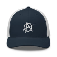 Pink trucker hat featuring White Anarchy Sign Punk Rock Chaos Embroidered Retro embroidered artwork, product image 7