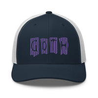 Heather/ Black trucker hat featuring Purple Vertical Stripe Goth embroidered artwork, product image 8