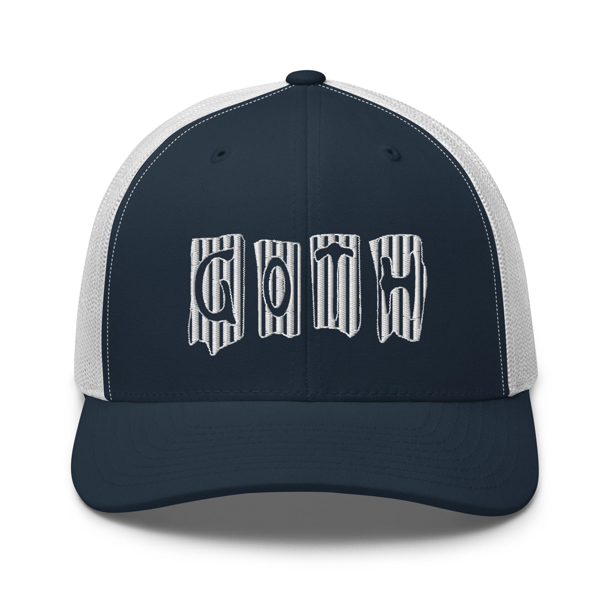 White Vertical Stripe Goth Embroidered Trucker Cap Snapback Hat