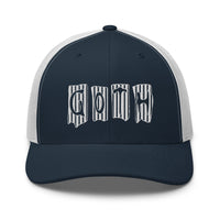 Pink trucker hat featuring White Vertical Stripe Goth embroidered artwork, product image 7