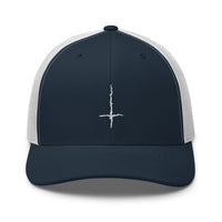 Pink trucker hat featuring White Inverted Cross Black Metal Style embroidered artwork, product image 7