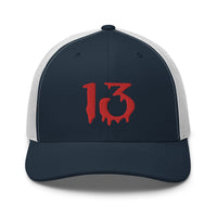 Pink trucker hat featuring Bloody Number Thirteen 13 Lucky Halloween embroidered artwork, product image 7