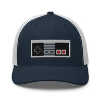 Heather/ Black trucker hat featuring Classic 80's Game Controller Embroidered Retro embroidered artwork, product image 8