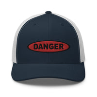 Pink trucker hat featuring Red Danger Warning Sign Embroidered Retro embroidered artwork, product image 7