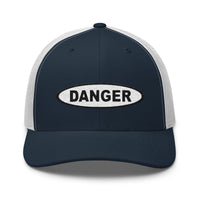 Pink trucker hat featuring White Danger Warning Sign Embroidered Retro embroidered artwork, product image 7