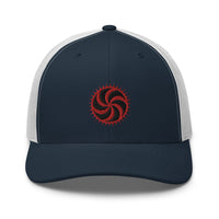 Pink trucker hat featuring Red Deadly Swirl Spike Symbol embroidered artwork, product image 7
