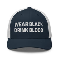 Pink trucker hat featuring Wear Black Drink Blood embroidered artwork, product image 6