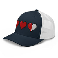Pink trucker hat featuring 3 Heart Meter Retro 8 Bit Video Game Pixelated embroidered artwork, product image 6