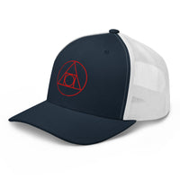 Pink trucker hat featuring Philosopher's Stone Red Alchemy Symbol embroidered artwork, product image 6
