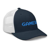 Heather/ Black trucker hat featuring 8 Bit Gamer Embroidered Retro embroidered artwork, product image 10