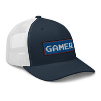 Rustic Orange/ Khaki trucker hat featuring 80's Retro Style 8 Bit Gamer embroidered artwork, product image 8