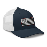 Heather/ Black trucker hat featuring American Satanist Pentagram U.S. Flag embroidered artwork, product image 8