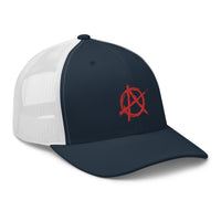 Heather/ Black trucker hat featuring Red Anarchy Sign Punk Rock Chaos Embroidered Retro embroidered artwork, product image 8