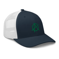 White trucker hat featuring Green Anarchy Sign Punk Rock Chaos Embroidered Retro embroidered artwork, product image 9