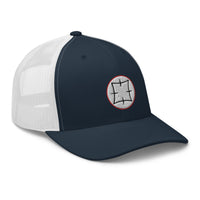 Heather/ Black trucker hat featuring Ancient Japanese Symbol Embroidered Samurai embroidered artwork, product image 8